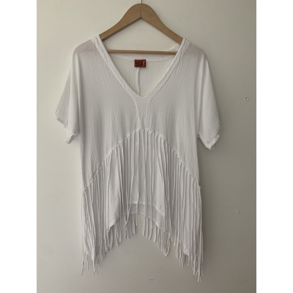 Oh My Gauze Top Sz 1 White Fringe Shark Bite Hem Short Sleeve Cotton Festival